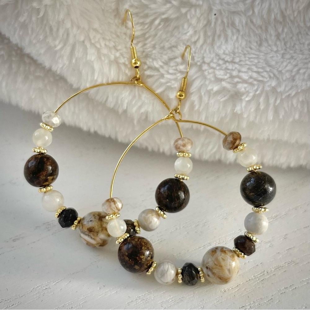 Boho beaded hoop drop dangle earrings gold tone, wire hook, large brown ivory